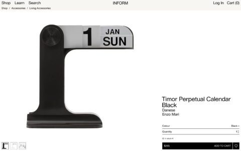 Black Timor perpetual calendar by Enzo Mari, showing January 1st, Sunday. Stylish and functional desk accessory.