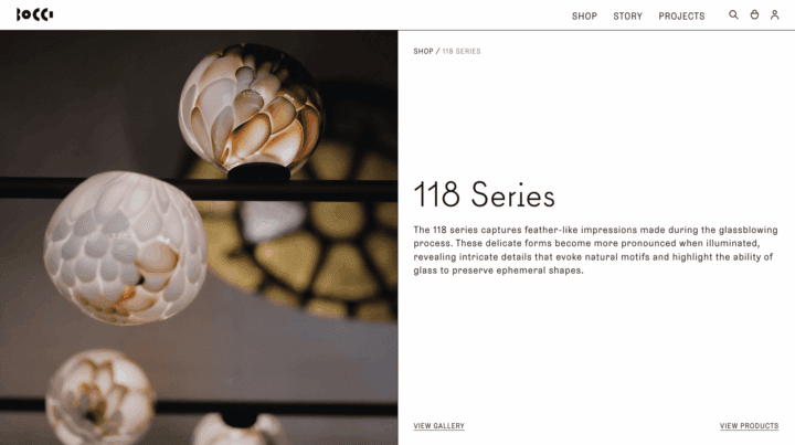 Elegant glass orbs with feather-like details from the Bocci 118 Series, showcasing intr...