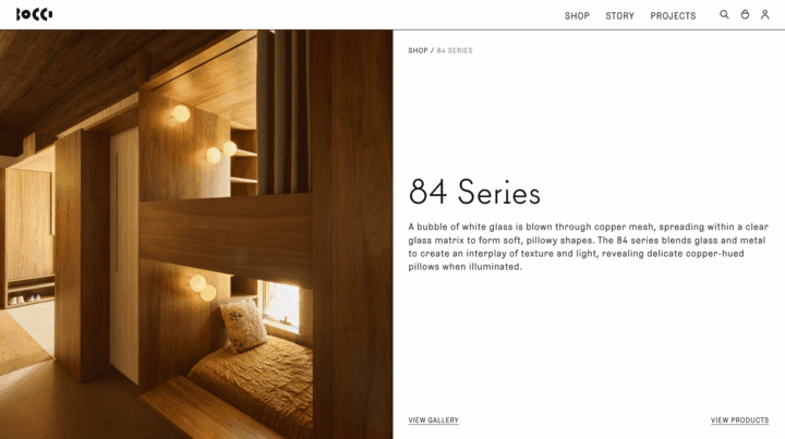 Modern interior with wooden design and ambient lighting from 84 Series by Bocci, featur...