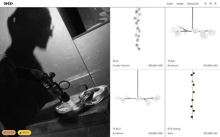 Shadow of artisan working on glass art, alongside Bocci's elegant lighting designs cata...