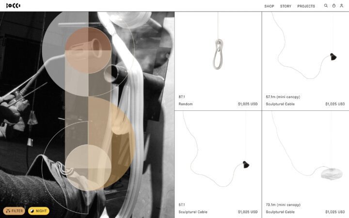 Glassblowing art with Bocci lighting designs on display, showcasing sculptural cables a...