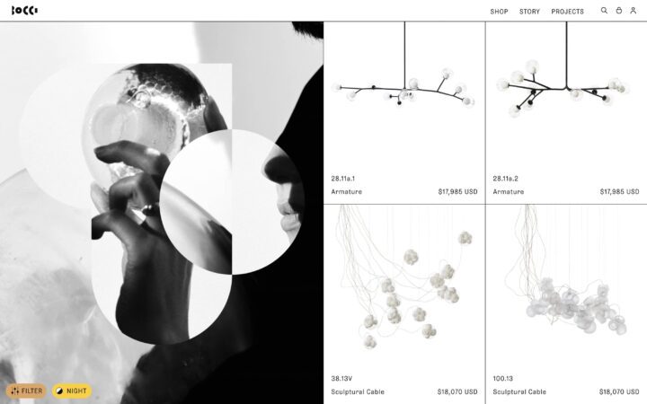 Modern lighting collection featuring artistic glass designs, prices listed: Armature an...