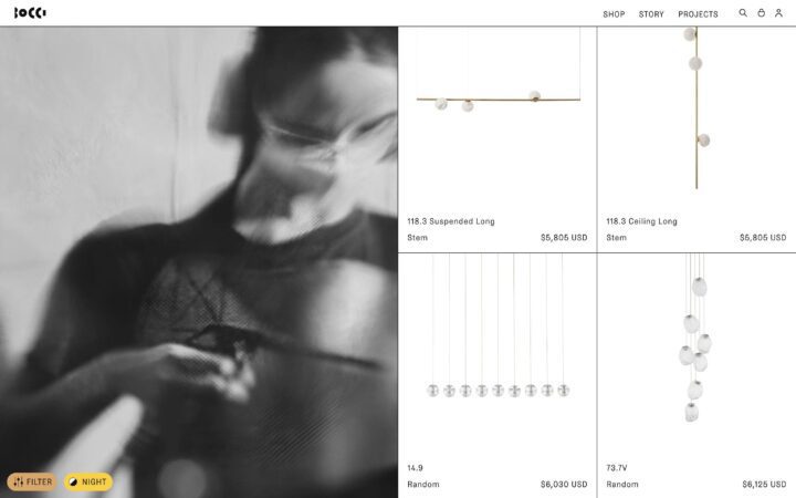 Blurred black and white image on the left, modern pendant light fixtures from Bocci cat...