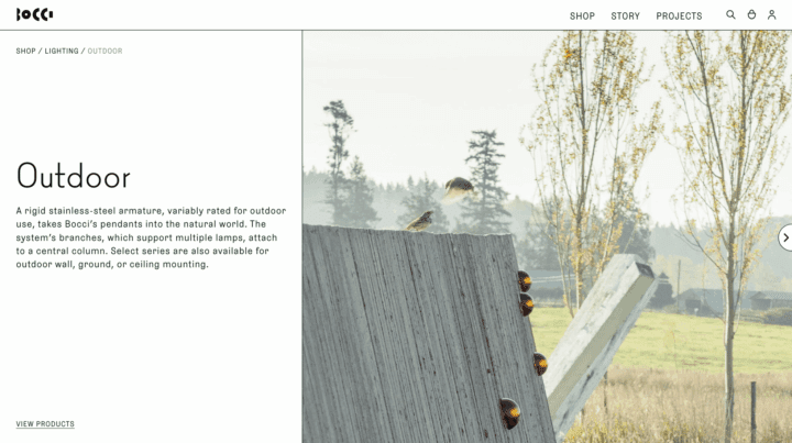 Metallic outdoor light fixture with Bocci pendants, nature scene, trees, and birds in t...