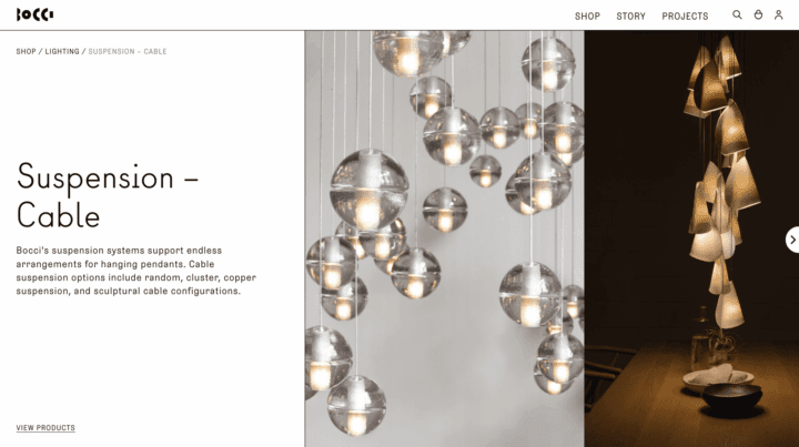 Modern pendant lighting by Bocci with glass spheres and abstract shapes, showcasing cab...