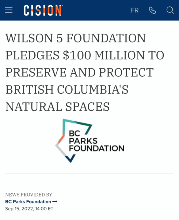 Wilson 5 Foundation commits $100M to protect British Columbia's natural spaces, announc...