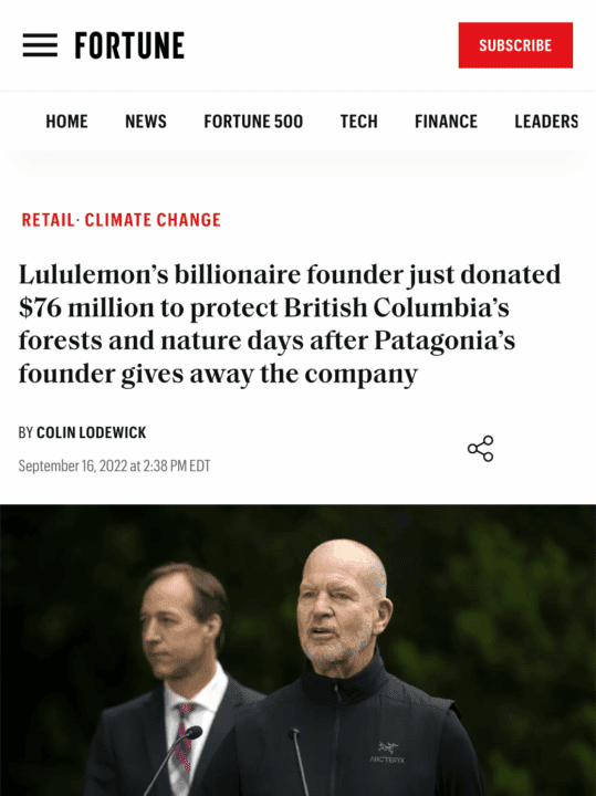 Lululemon founder donates $76M to protect British Columbia forests, Fortune article hea...
