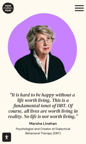 Elderly woman with glasses and quote on DBT by a psychologist. Text: It is hard to be happy without a life worth living.