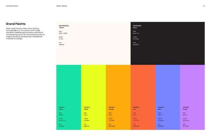 Brand palette showcasing various colors with their PMS, CMYK, and HEX codes for identit...