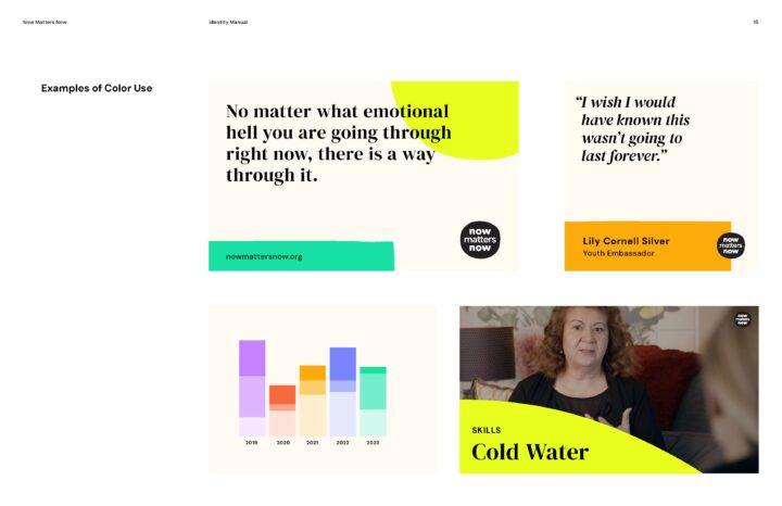 Examples of color use with quotes and graphs by Now Matters Now promoting emotional sup...