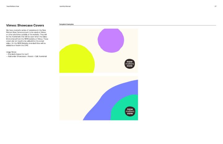 Abstract shapes in pastel colors for Vimeo showcase cover templates. Text reads now mat...