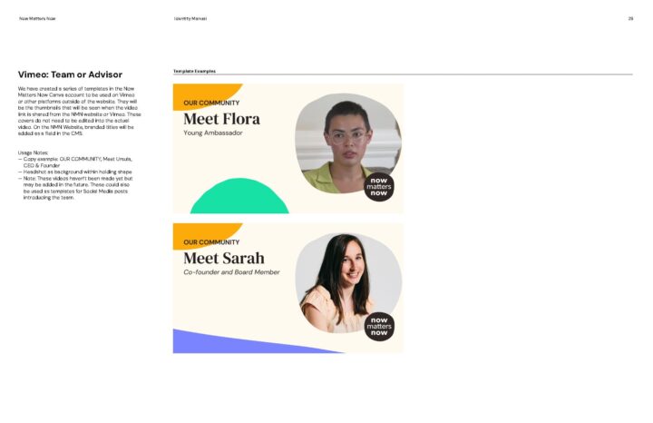 Two profile cards introducing Flora as Young Ambassador and Sarah as Co-founder, part o...