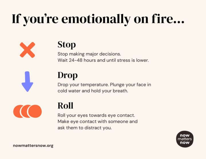 Infographic on emotional management: Stop decisions, cool down, engage with others. Tip...