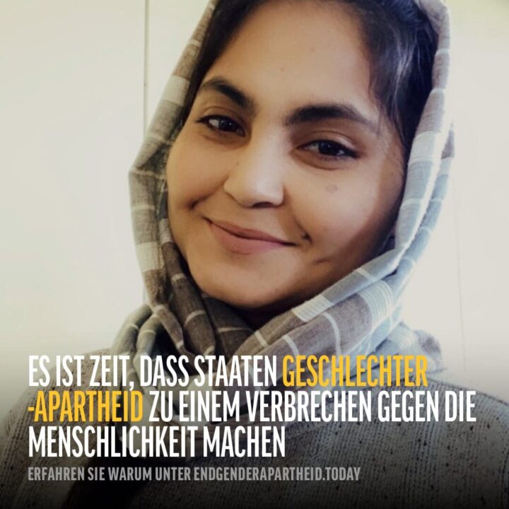 Portrait of a woman in a headscarf advocating against gender apartheid. Learn more at e...