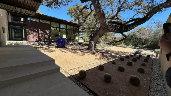 Modern house with large windows, surrounded by desert garden featuring cactus plants an...