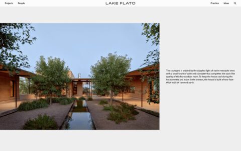 Modern courtyard design with mesquite trees, reflective water feature, and sustainable architecture by Lake Flato.
