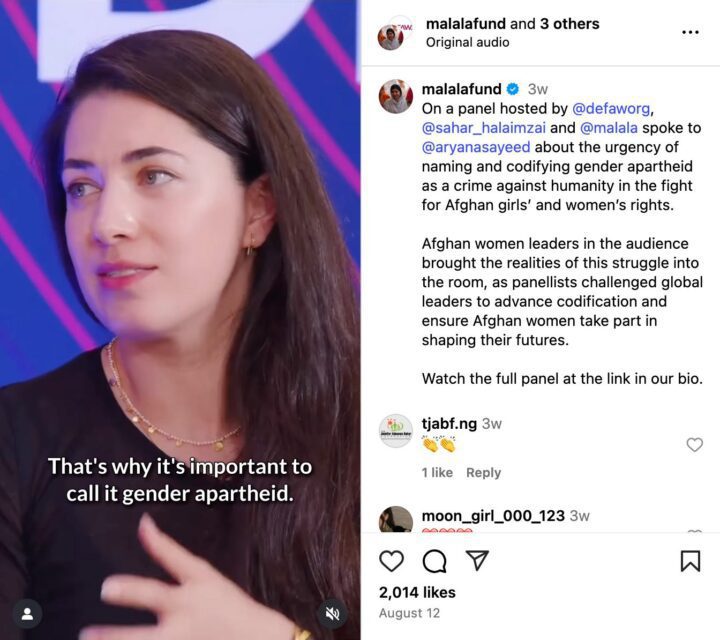 Woman discussing gender apartheid at Malala Fund panel, highlighting Afghan women's rig...