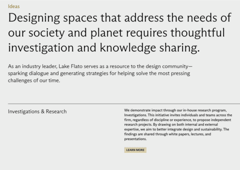 Text on sustainable design emphasizes thoughtful investigation and knowledge sharing by Lake Flato.