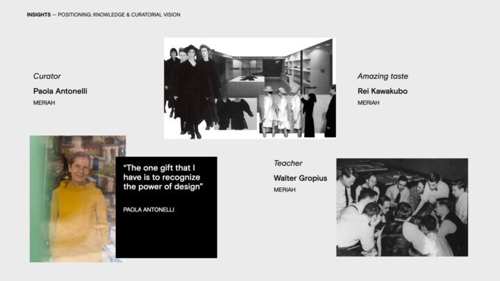 Collage of design insights: Paola Antonelli's quote, Comme des Garçons, Walter Gropius...
