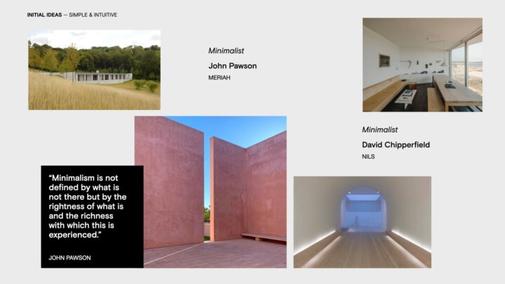 Collage showcasing minimalist architecture by John Pawson and David Chipperfield, featu...