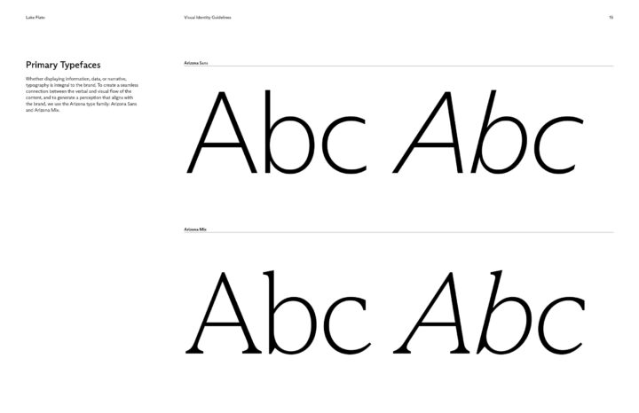 Typography guidelines showing Arizona Sans and Arizona Mix typefaces for branding.