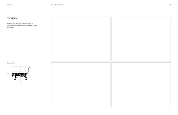 Template with four blank rectangles for drawing mascots; includes a grid with a cow mas...