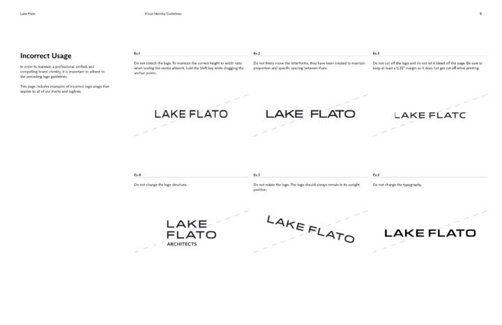 Image showing incorrect usage examples of the Lake Flato logo, including stretching, ro...