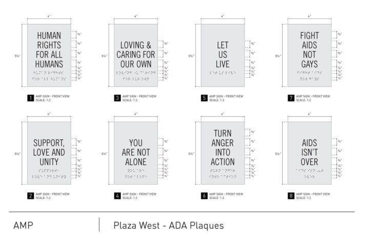 ADA plaques with text promoting human rights, support, unity, and AIDS awareness at Pla...