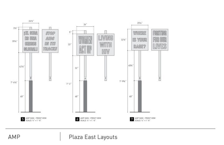 Blueprint of protest sign designs with messages on AIDS activism, showing dimensions an...