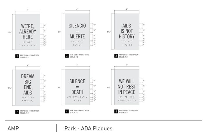 Six ADA compliant plaques with messages about AIDS awareness and activism, including Si...