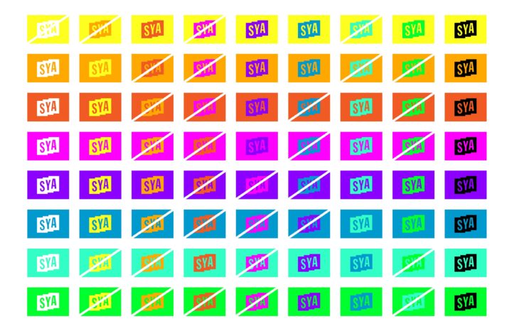 Colorful grid of rectangles with SYA text in varied color combinations.