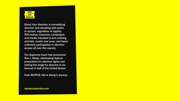 Text on a yellow and black graphic discussing Shout Your Abortion's mission and respons...