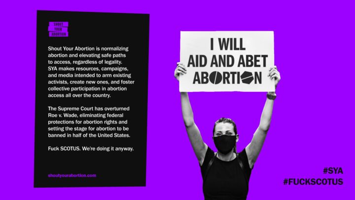 Protestor holds sign I Will Aid and Abet Abortion against purple background with Shout ...