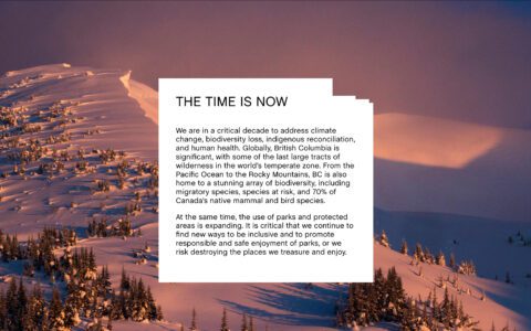 Text on snowy mountain background addressing climate change, biodiversity loss, and conservation efforts in British Columbia.
