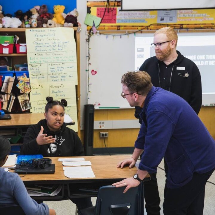 Corey Gutch and Michael Ellsworth engage with students in a lively classroom discussion for the Cooper Hewitt Smithsonian Design Museum National Design Awards in San Francisco, fostering learning and collaboration.
