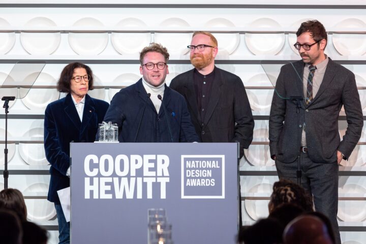 Michael Ellsworth speaking at a podium during the Cooper Hewitt National Design Awards event, receiving the National Design Award for Communication Design.
