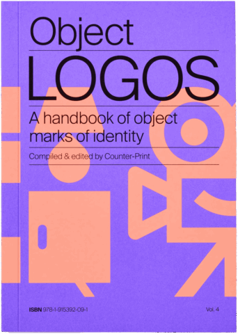 Object Logos book cover in purple and orange, featuring geometric design elements, a handbook on identity marks by Counter-Print.