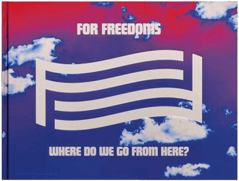 Book cover with a sky background, For Freedoms text, flag design, and the question Where do we go from here?