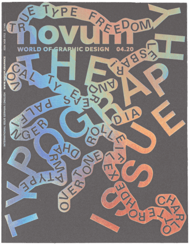 Colorful typography design on a magazine cover, featuring words like novum, graphic, and type.