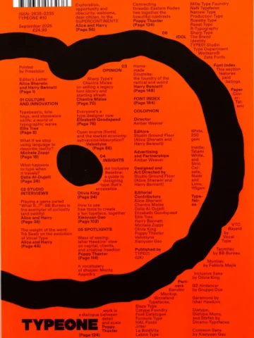 Magazine cover with bold abstract design, featuring typography articles and interviews by Alice Sherwin, Harry Bennett, and more.
